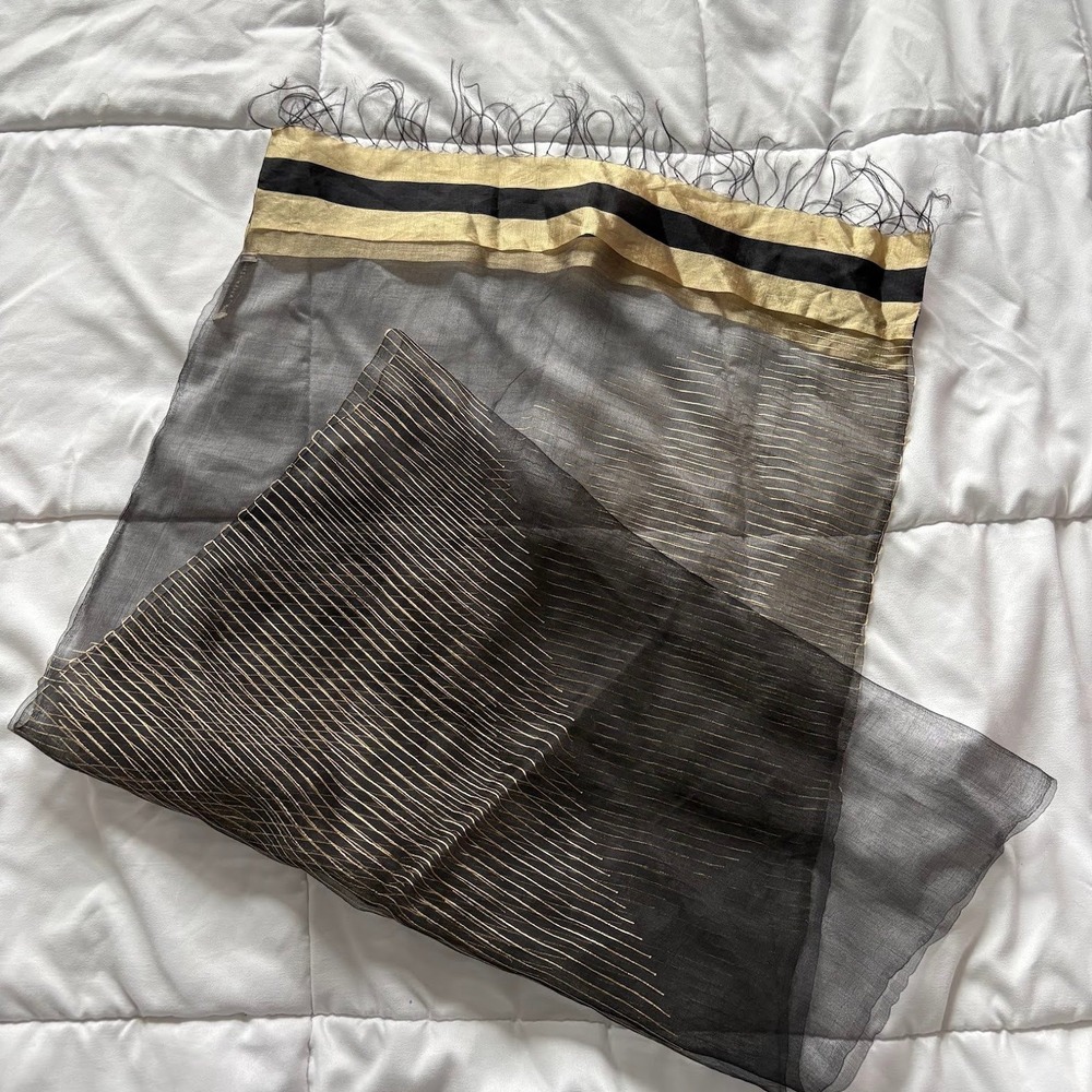 Kashmir Loom Sheer Scarf Gold Metallic Black Fringe Wrap 21x71 Quiet Luxury Y2K